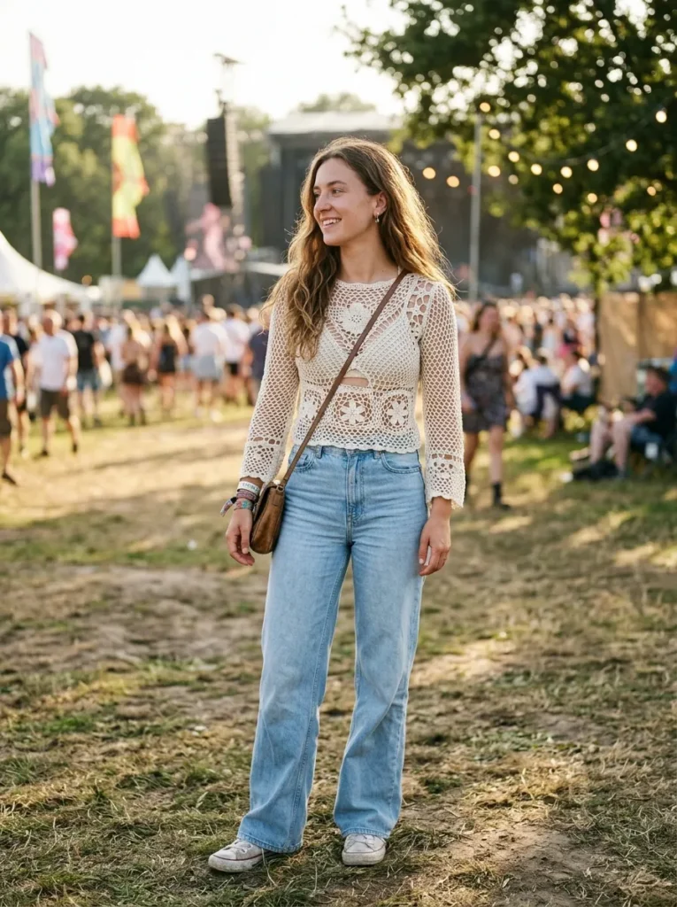 Crochet top with wide leg jeans