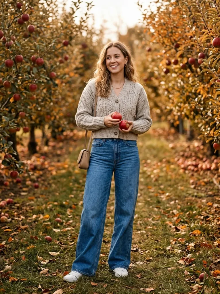 Cropped cardigan with wide leg jeans