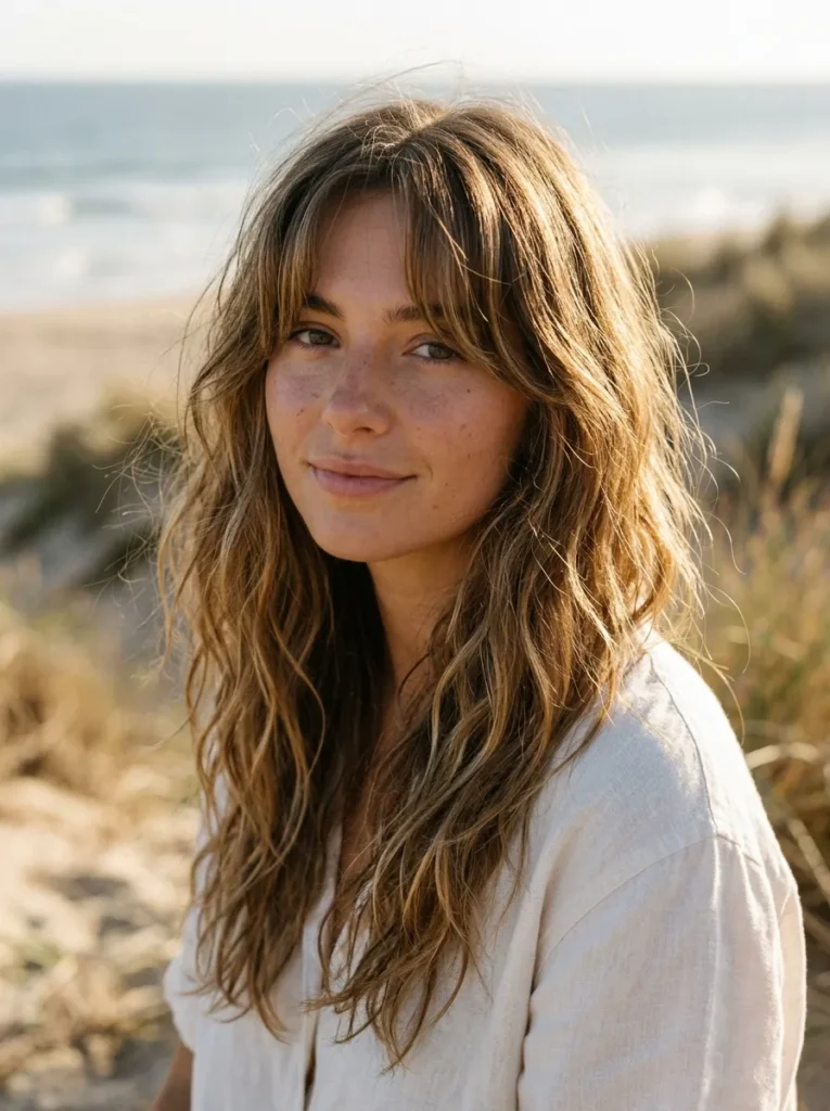 Curtain bangs with beachy waves