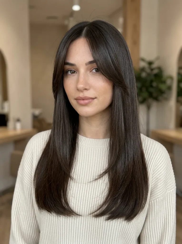 Curtain bangs with long straight hair
