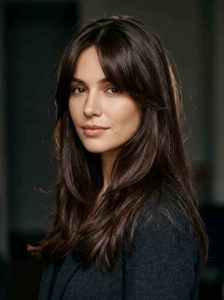 Dark brunette curtain bangs