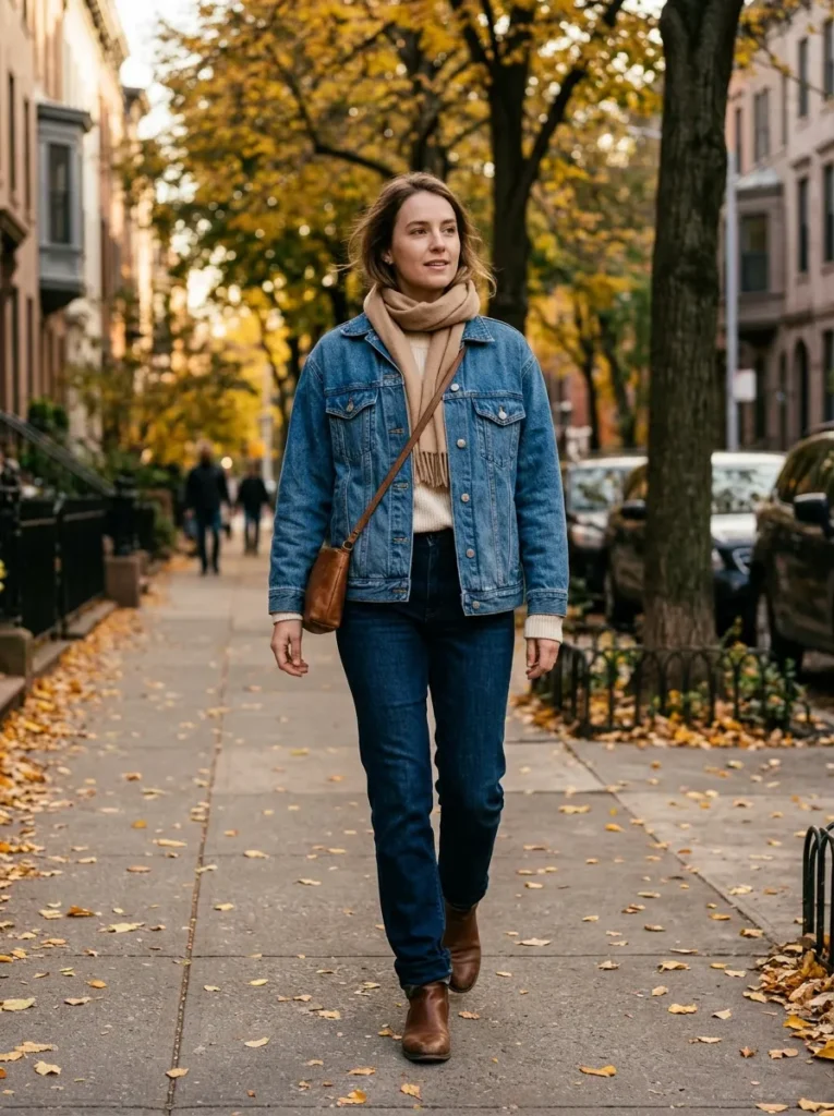 Denim jacket over a cozy knit