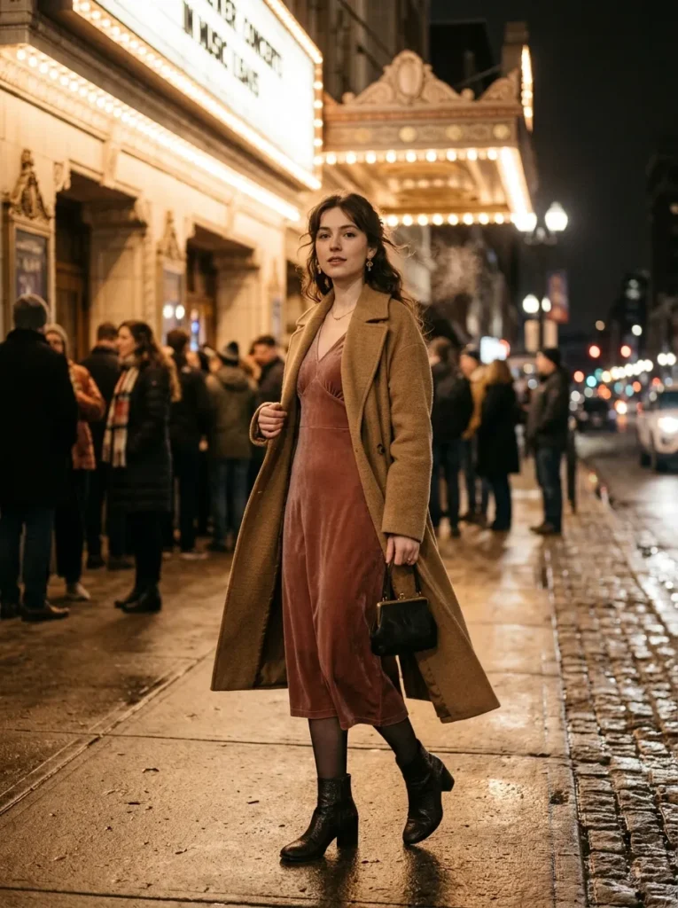Dusty rose velvet dress with tights