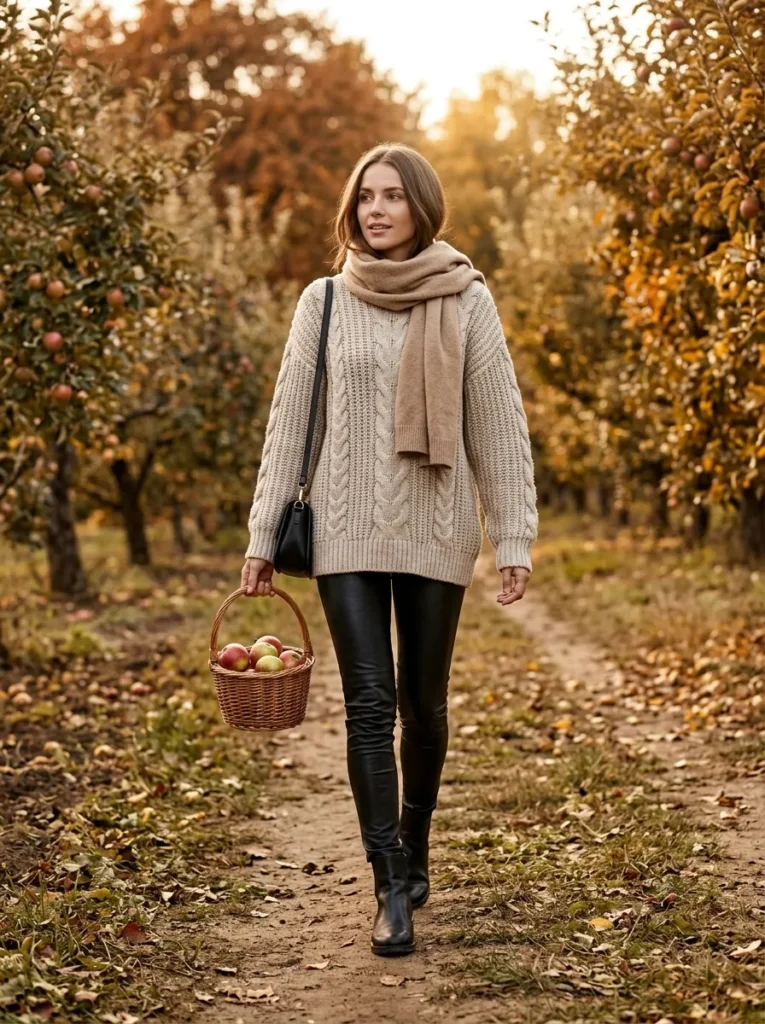 Faux leather leggings with a chunky knit