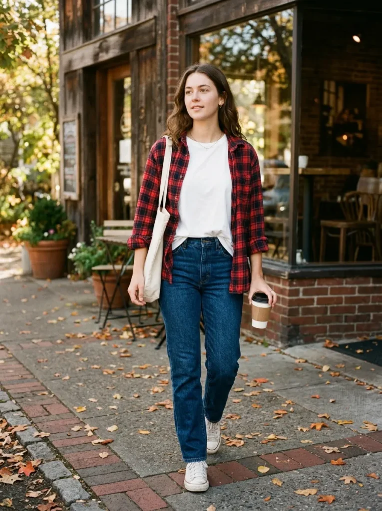 Flannel shirt, white tee, and denim