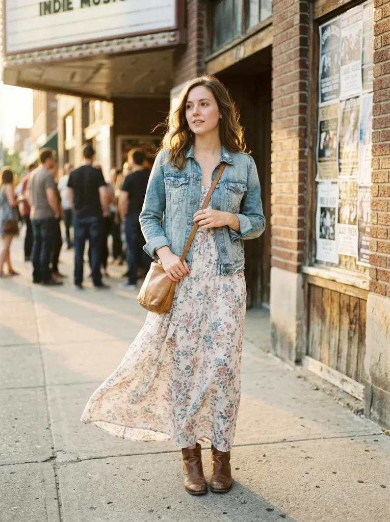 Floral maxi dress with a denim jacket