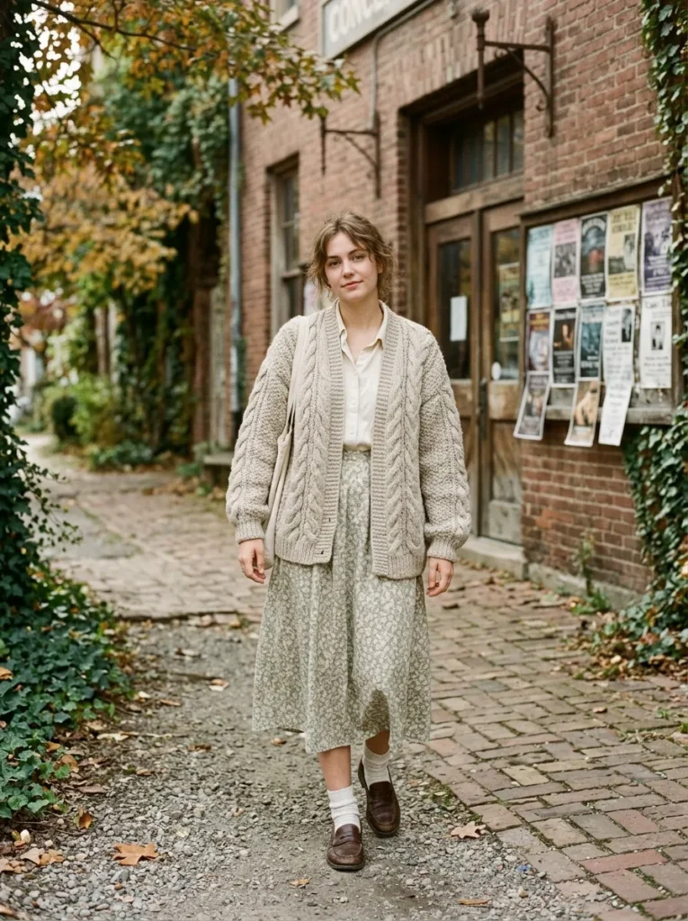 Floral skirt with a chunky knit cardigan