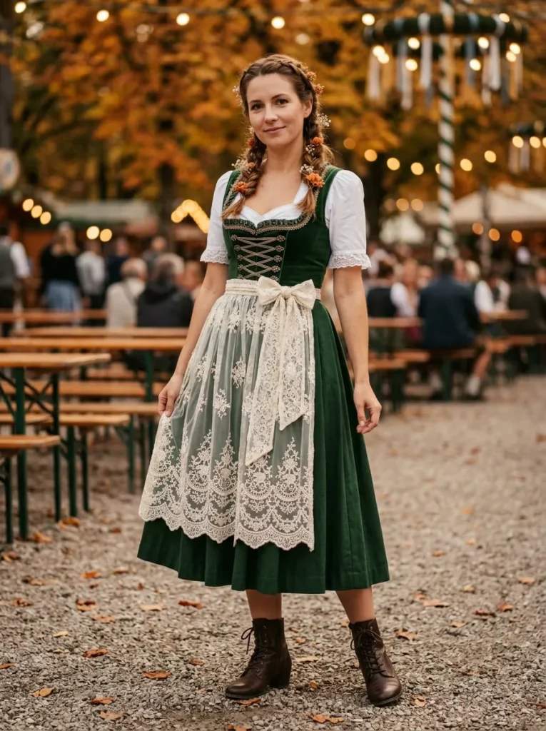 Forest green dirndl with a lace apron
