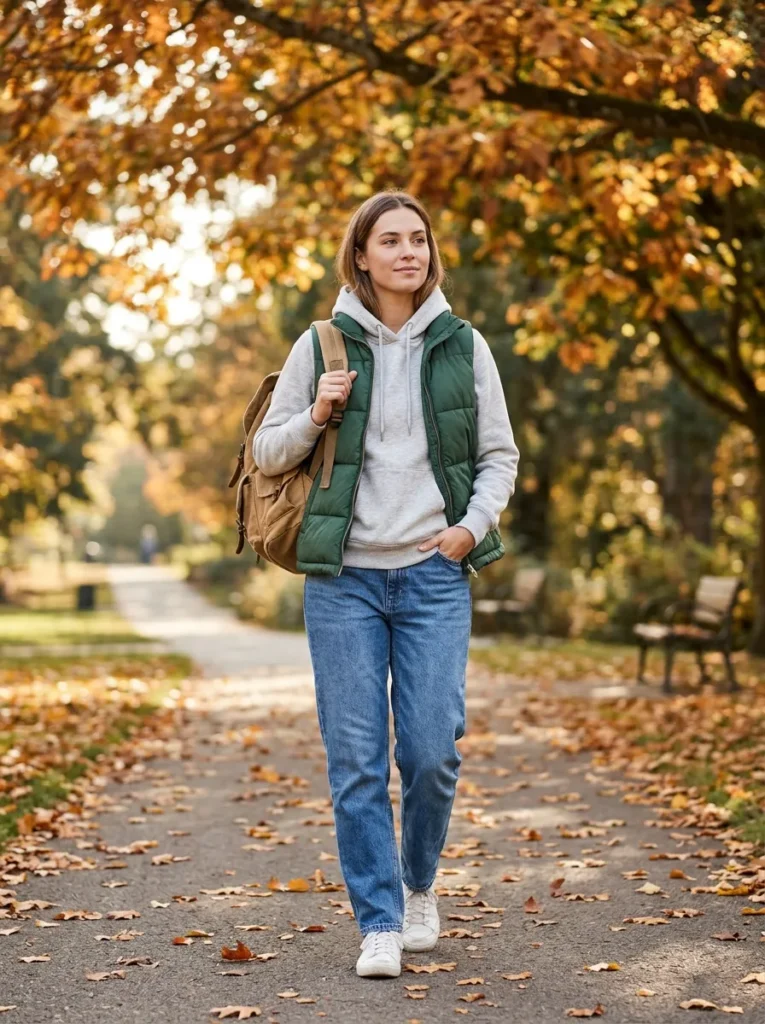 Hoodie and jeans with a puffer vest