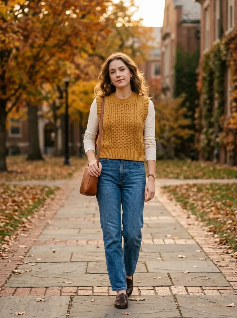 Knit vest, long sleeve tee, and jeans