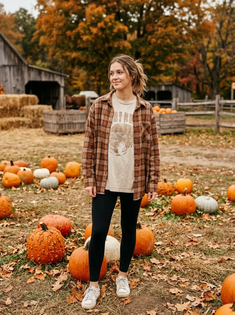 Leggings, oversized tee, and flannel