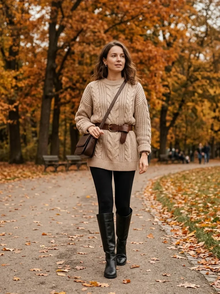 Leggings with a long knit sweater and boots