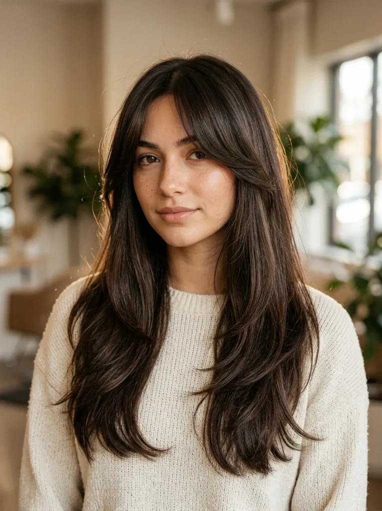 Long curtain bangs with layers