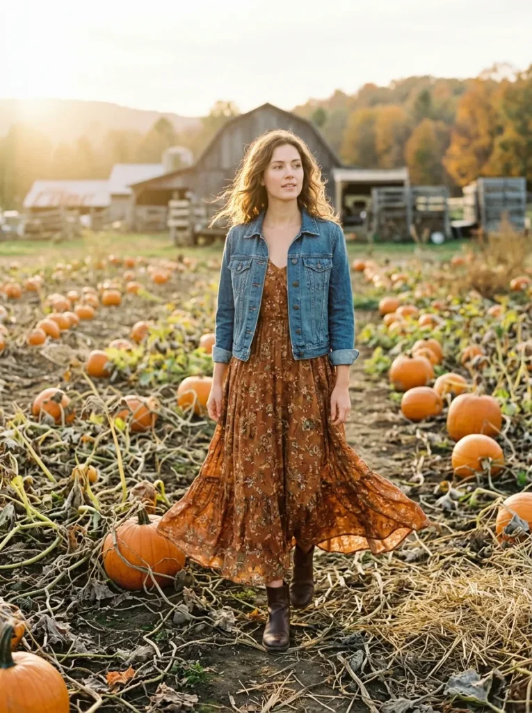 Maxi dress with denim jacket