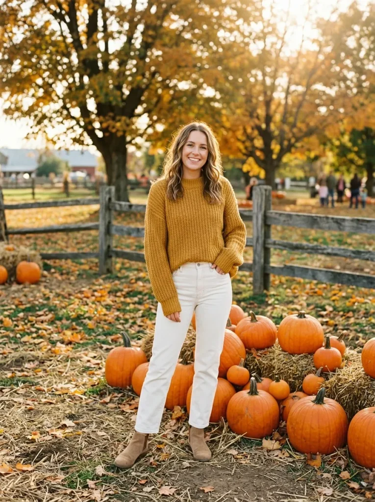 Mustard sweater with white jeans