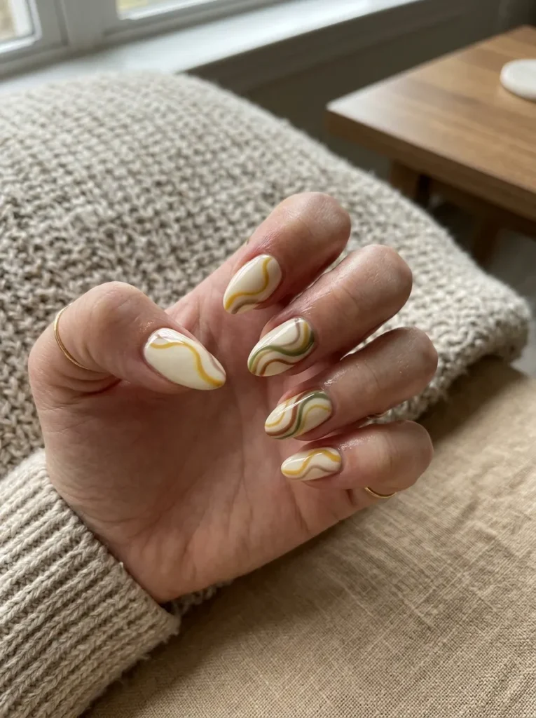 Mustard yellow swirl nails