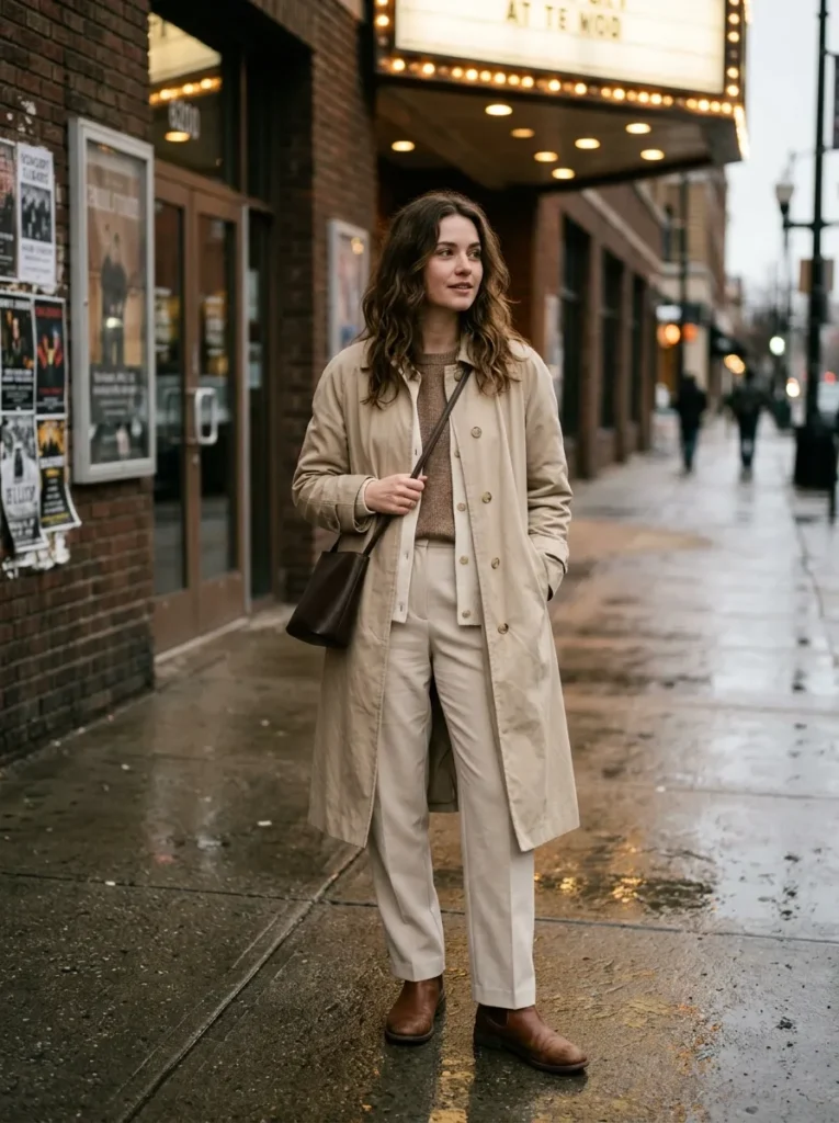 Neutral layers with a light trench coat