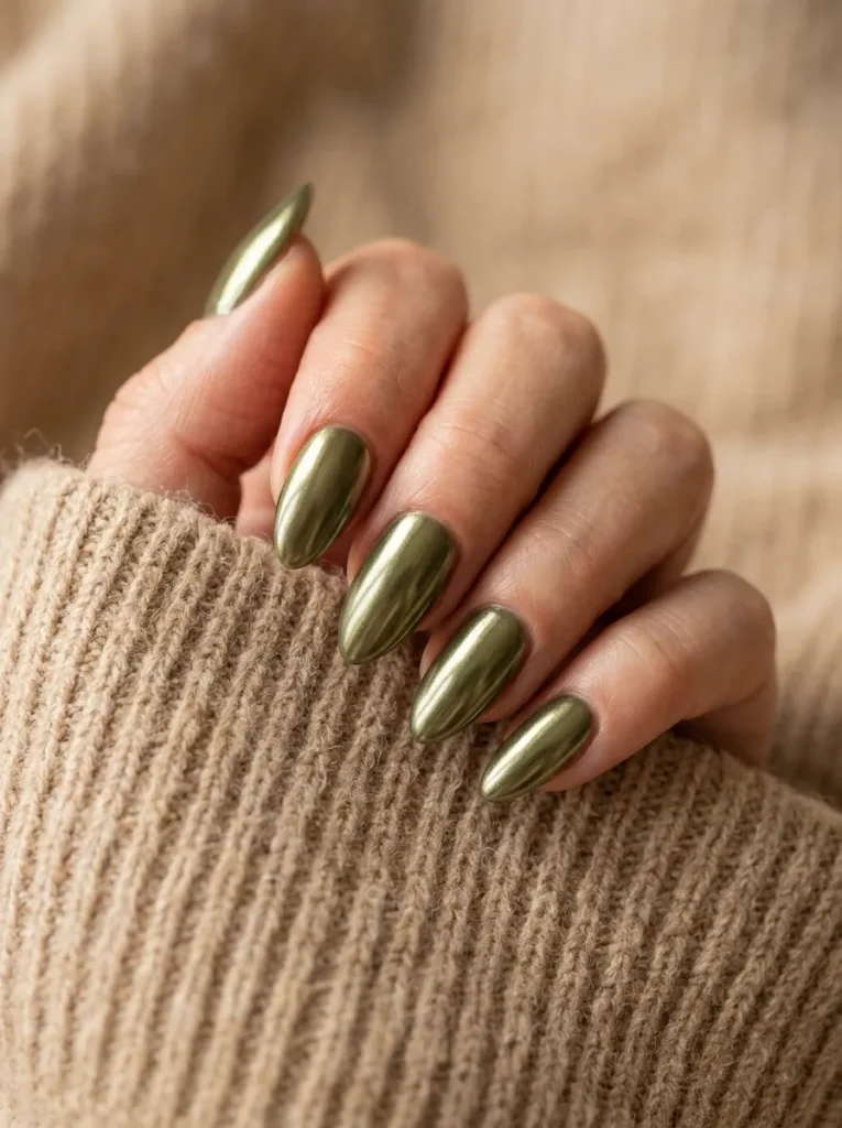 Olive green chrome nails
