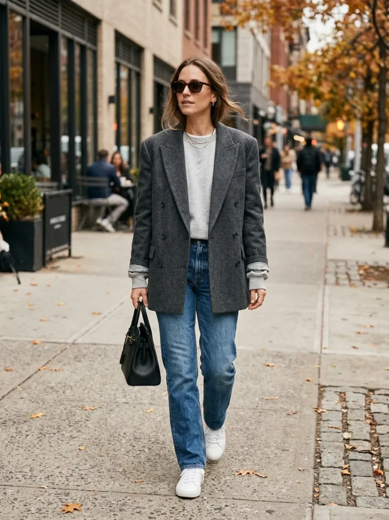 Oversized blazer with a sweatshirt and jeans