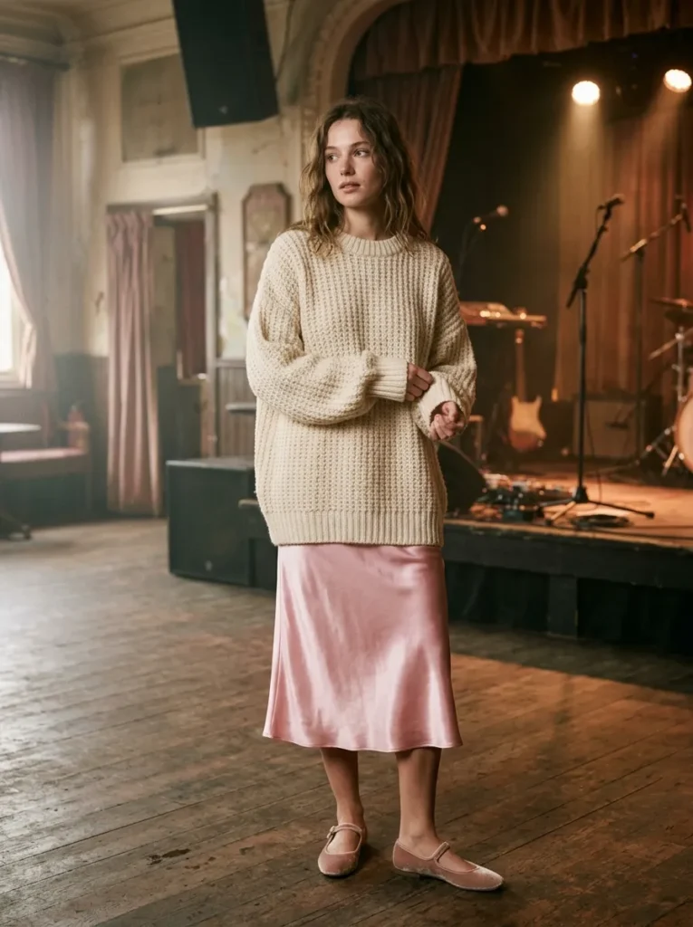 Pastel slip dress under an oversized sweater
