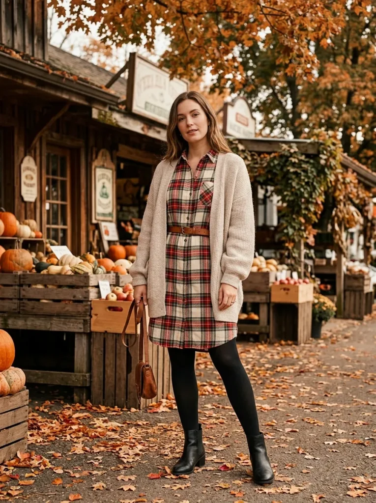 Plaid shirt dress with tights