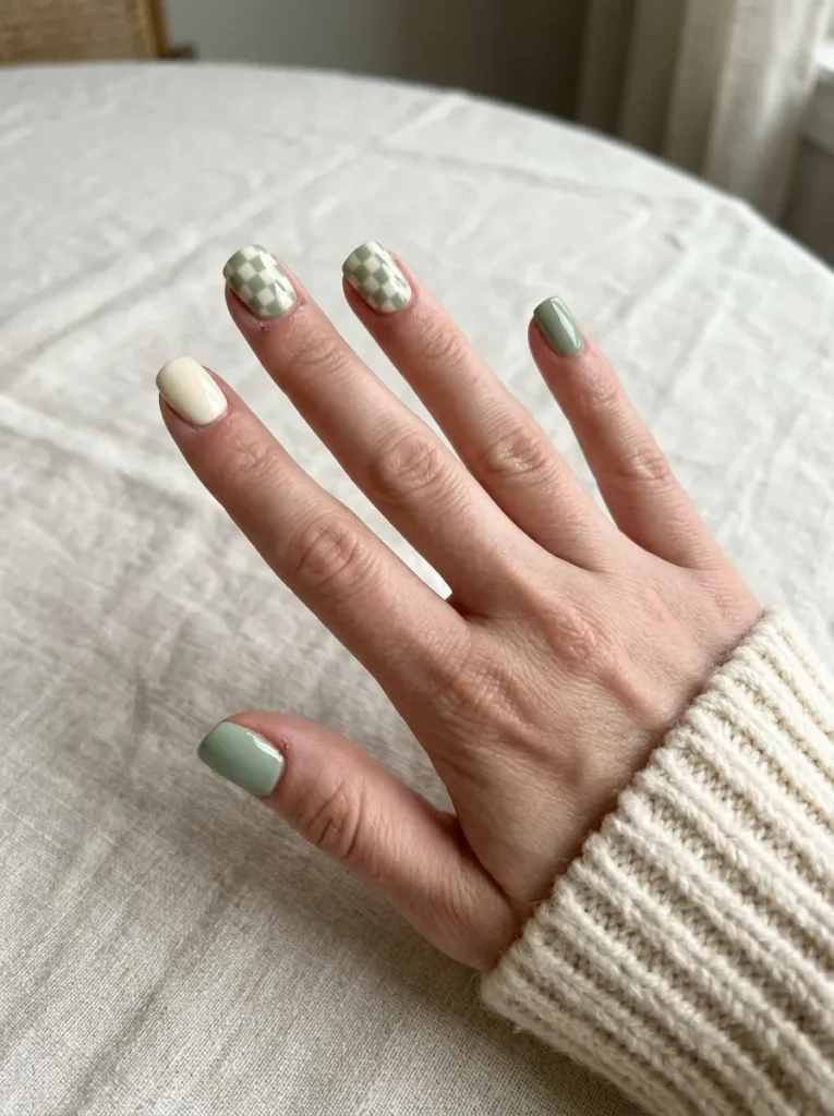 Sage and cream checkerboard nails