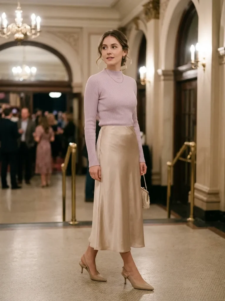 Satin midi skirt with a fitted sweater