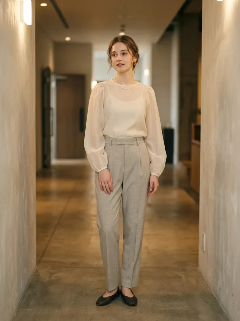 Sheer blouse with high waisted trousers