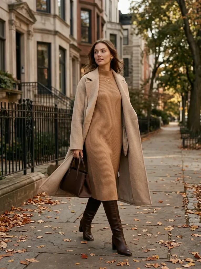 Sweater dress with tall boots