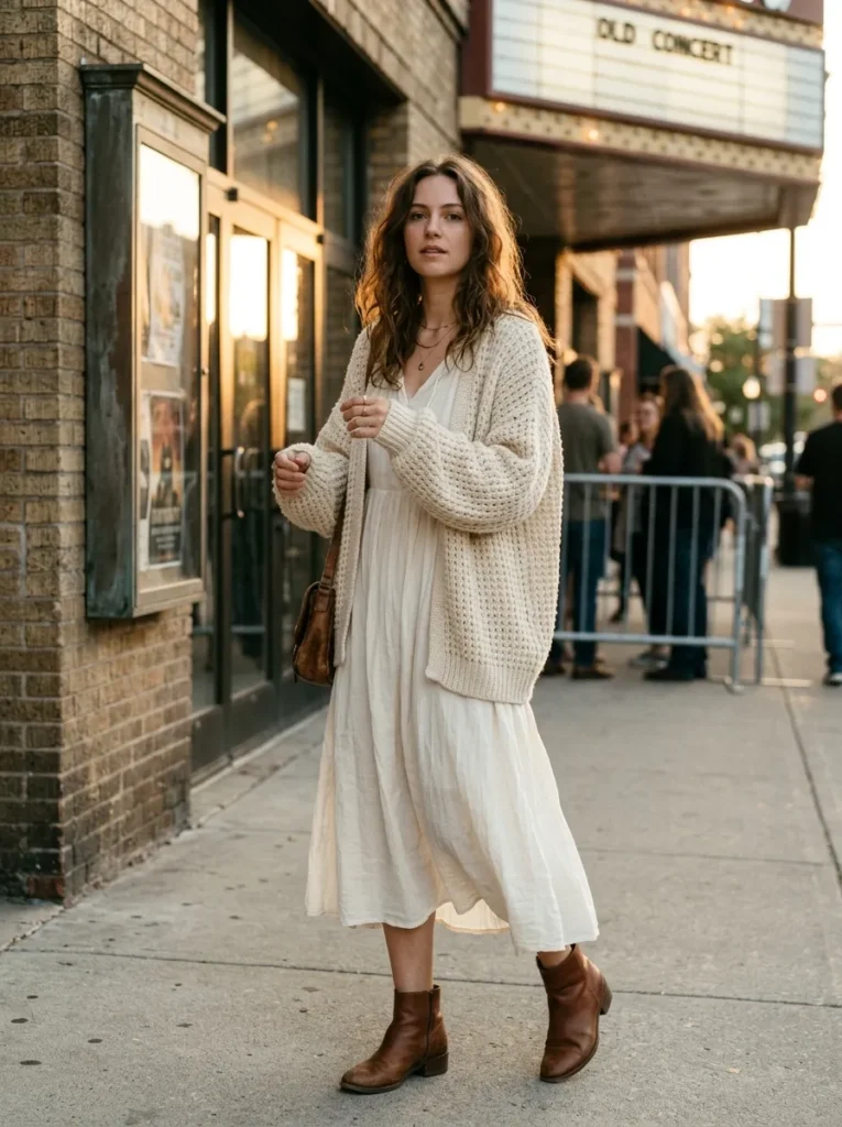 The classic white midi dress and cardigan