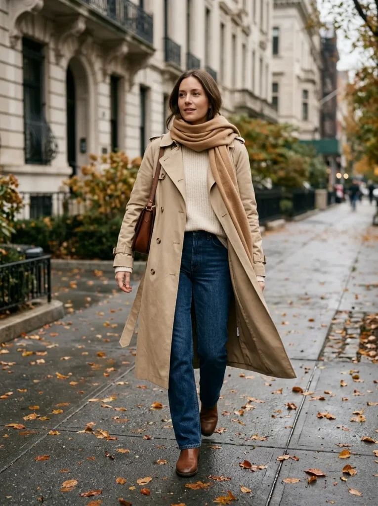 Trench coat with a simple sweater and jeans