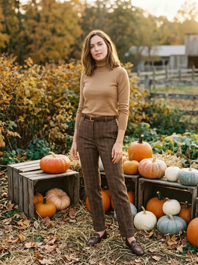Turtleneck with plaid trousers